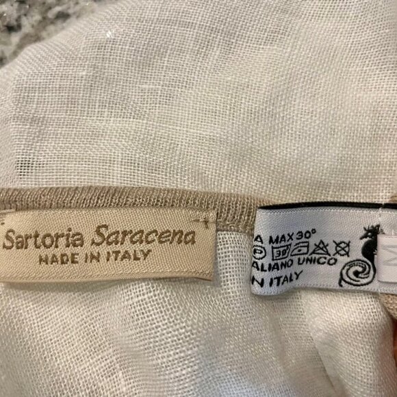 SARTORIAL SARACENA ANTHROPOLOGIE 100%LINEN BLOUSE SZ M TAN WHITE MADE IN ITALY - Picture 13 of 16